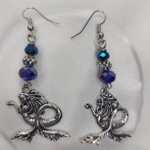 Mermaid Dangle Earrings Silver Tone Blue Purple Faceted Beads 2.5'' NWOT